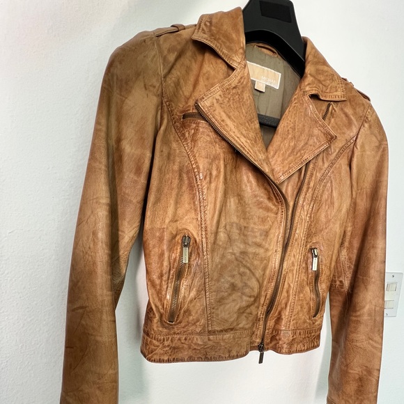 Michael Kors Leather Moto Biker Jacket Distressed Tan Luggage XS Small AUTHENTIC - Picture 4 of 14